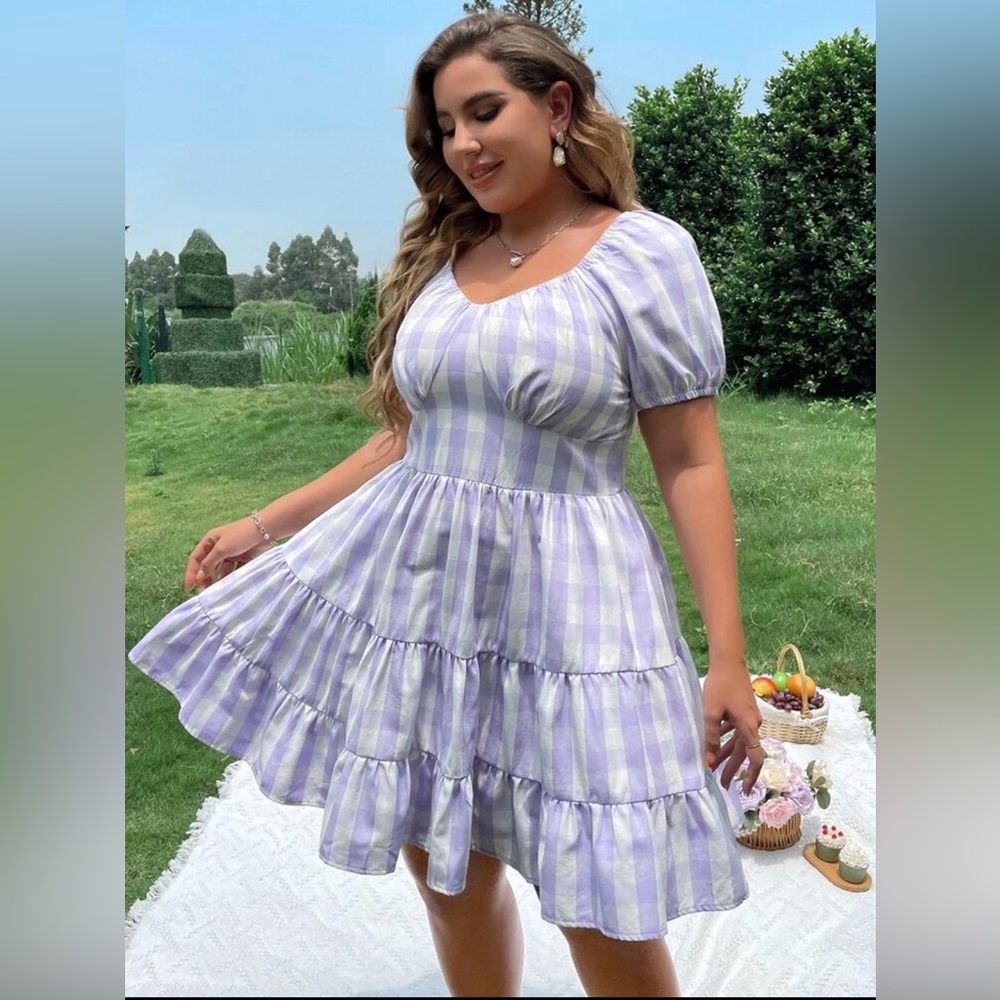 Plus Shirred Bodice Split Hem Gingham Dress 2x lavender